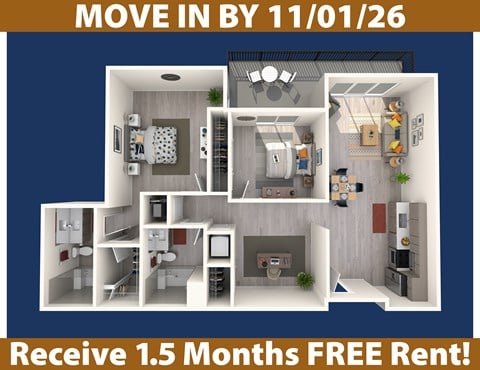Floor plan for 2 beds, 2 baths, 1142 sqft